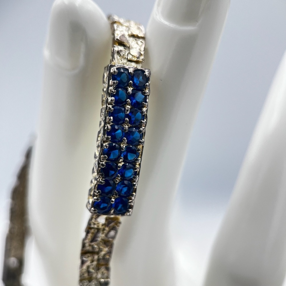 Vintage Sapphire Blue Rhinestone Bracelet – Textured Gold Tone Link 7"